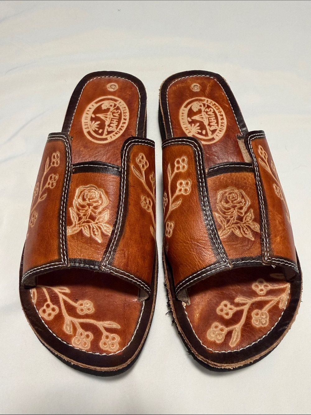 Huarache Brown Leather Slide Sandals with Floral Embossing